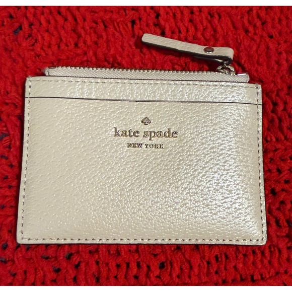 kate spade Accessories - Kate Spade New York Pebbled Leather Slim Zip Card Holder Wallet Beige Gold Logo